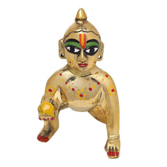 Laddu Bal Gopal Idol - Little Krishna Idol, Golden, Brass Idol, Medium Size, Makhan Chor Idol - Kanha Ji Ki Murti For Pooja Room, Golden Handmade Statue | All Occasion, Thakur Ji Idol