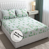 1 Elastic Fitted Bedsheet For King Size & 2 Pillow Covers - 78 X 72 Inches, Sea Green & Brown | Elegant Floral Print Design & Skin-Friendly