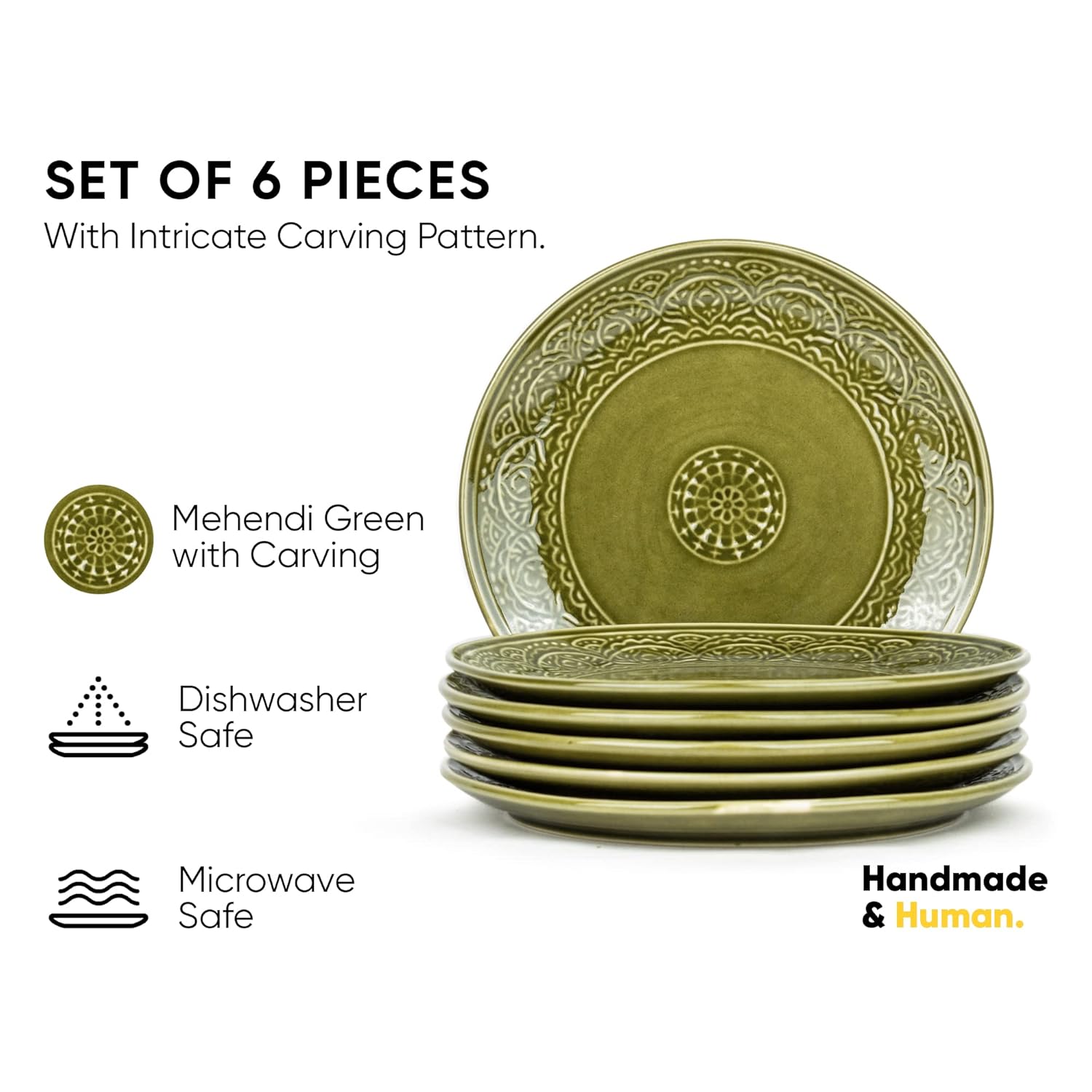 Ceramic Dinner Plates Set Of 6 Pieces, Mehndi Green Carving Series | Ceramic Plates Set With Glossy Finish - Dinner Plates Ceramic | Set Of 6 Plates For Dinner - Microwave Safe & Chip Resistant Ceramic Dinner Plates Set Of 6 Pieces, Mehndi Green Carving Series | Ceramic Plates Set With Glossy Finish - Dinner Plates Ceramic | Set Of 6 Plates For Dinner - Microwave Safe & Chip Resistant