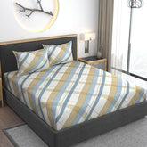 Feel Glace Cotton Bedsheets All Around Elastic Fitted Floral Bedsheets With 2 Pillow Covers - 78 X 72 Inches, Blue Line | Super Soft Fitted Bedsheet For Double Bed