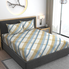 Feel Glace Cotton Bedsheets All Around Elastic Fitted Floral Bedsheets With 2 Pillow Covers - 78 X 72 Inches, Blue Line | Super Soft Fitted Bedsheet For Double Bed