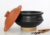 Deep Burned Uncoated Clay Biryani Pot With Lid Or Mitti Handi With 2 Wooden Spatulas Complimentary For Cooking & Serving - Black, 2 Liters | Pre-Seasoned Mud Pot - Unglazed, Double Fired, Hand Crafted