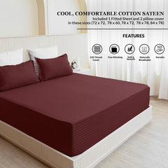 210 TC Cotton Double Bed Fitted Bedsheets With 2 Pillow Cases - 78 X 72 Inches, Maroon | Satin Stripes Wrinkle Free | Comfortable Fabric Bedsheet