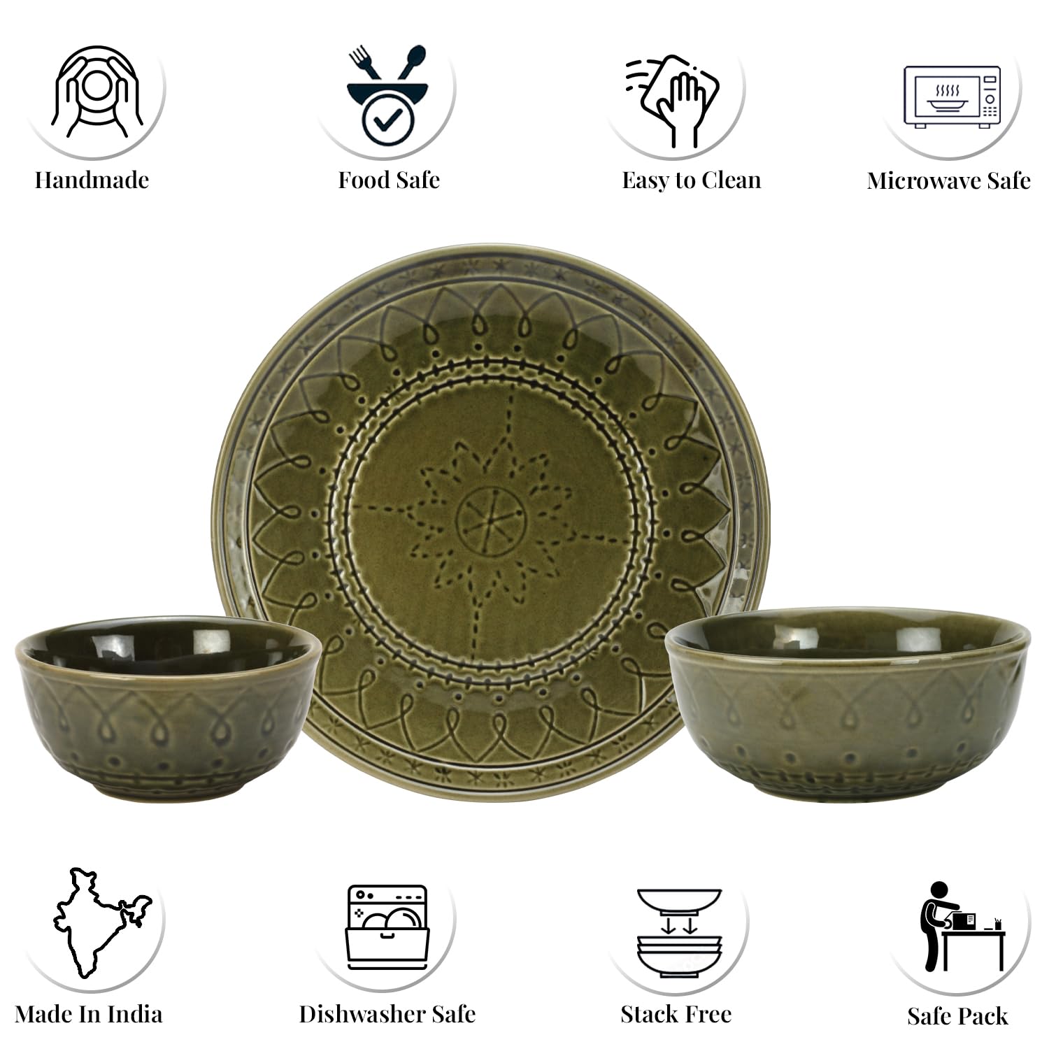Handcrafted Stoneware Embossed Ceramic Dinner Set Of 20 Pcs With Serving Bowl Set - Moss Green | 6 Dinner Plates+ 12 Small Dinner Bowls, 180ml Each+ 2 Serving Bowl, 1000ml Each | Serving For 6 Handcrafted Stoneware Embossed Ceramic Dinner Set Of 20 Pcs With Serving Bowl Set - Moss Green | 6 Dinner Plates+ 12 Small Dinner Bowls, 180ml Each+ 2 Serving Bowl, 1000ml Each | Serving For 6