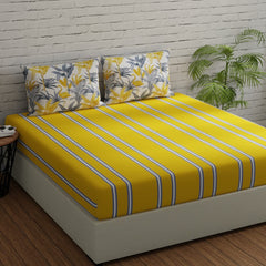 144 TC Double Bedsheet For Queen Size With 2 Pillow Covers - 88 X 96 Inches, Yellow & Grey | Printed Stripes & Flamingos | Perfect Gift For Anniversary, Wedding