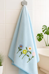 Divyam Floral Embroidered Bath Towel 350 Gsm | Premium Soft Microfiber Quick-Dry, Lightweight & Absorbent Towel With Pastel Daisy Design (Sky-Blue)