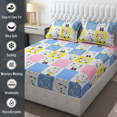 Wrinkle Free Soft Kids Double Bedsheets For King Size With 2 Pillow Cover | 90 X 95 Inches, Aqua & Pink | Cartoon Printed Design | Child Bedroom Decor