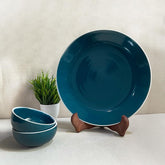 Retro Green Handcrafted Ceramic Dinner Set - 3 Pieces | 1 Dinner Plate + 2 Katori Bowls, 180ml Each Dinnerware Set | Serving For 1, Microwave Safe & Dishwasher Safe