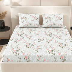 Queen Size Pure Cotton Bedsheet With 2 Pillow Covers | 90 × 100 Inches, Grey & Pink | Soft Breathable Floral Design Bedding | Comfortable Sleep All Year