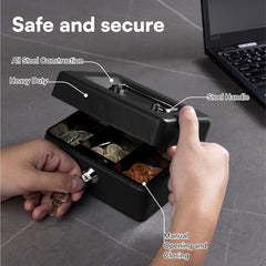 Small Cash Box, With Key Lock With Coin Trey, Portable, 6" Petty Cash Box, Money Safe Box, Colour - Black, Material - Alloy Steel