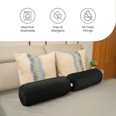 Microfiber Bolster Pillow For Bed & Sofa, Side, Diwan, Black - 10 X 25 Inch | Round Side Pillow | Light, Soft & Fluffy For Neck & Back Support | Washable, Velvet Cover With Zip - Set Of 2
