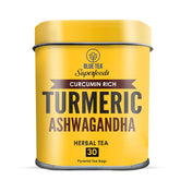 Blue Tea Curcumin Rich Turmeric Ashwagandha Herbal Tea - 30 Pyramid Tea Bags In Reusable Tin Pack | Enhances Immune System - Caffeine Free, Gluten Free, Non-GMO
