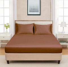 Satin Fitted Solid Bedsheet King Size With 2 Pillow Cover - 72 X 78 X 10 Inches, Brown | Lightweight & Breathable, Perfect For All Seasons