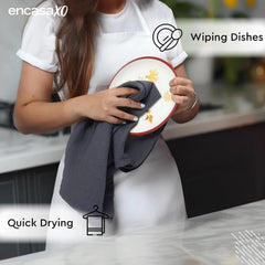 Encasa Xo Kitchen Dish Towels Set 320 Gsm | Waffle Weave & Flat Hand Tea Towel | Quick Drying Reusable Cotton Washcloths | Set Of 4 (Grey)