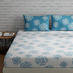 Flat Bedsheet For Double Bed With 2 Pillow Covers - 88 X 96 Inches, White & Blue | Comfort Fabric Bedsheet Home, Hotel & Guest House