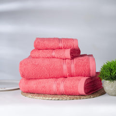 Welspun 100% Cotton Large 1 Bath + 1 Hand & 2 Face Towels 1000 Gsm | Dobby Solid Towel Combo Set (Coral Pink)