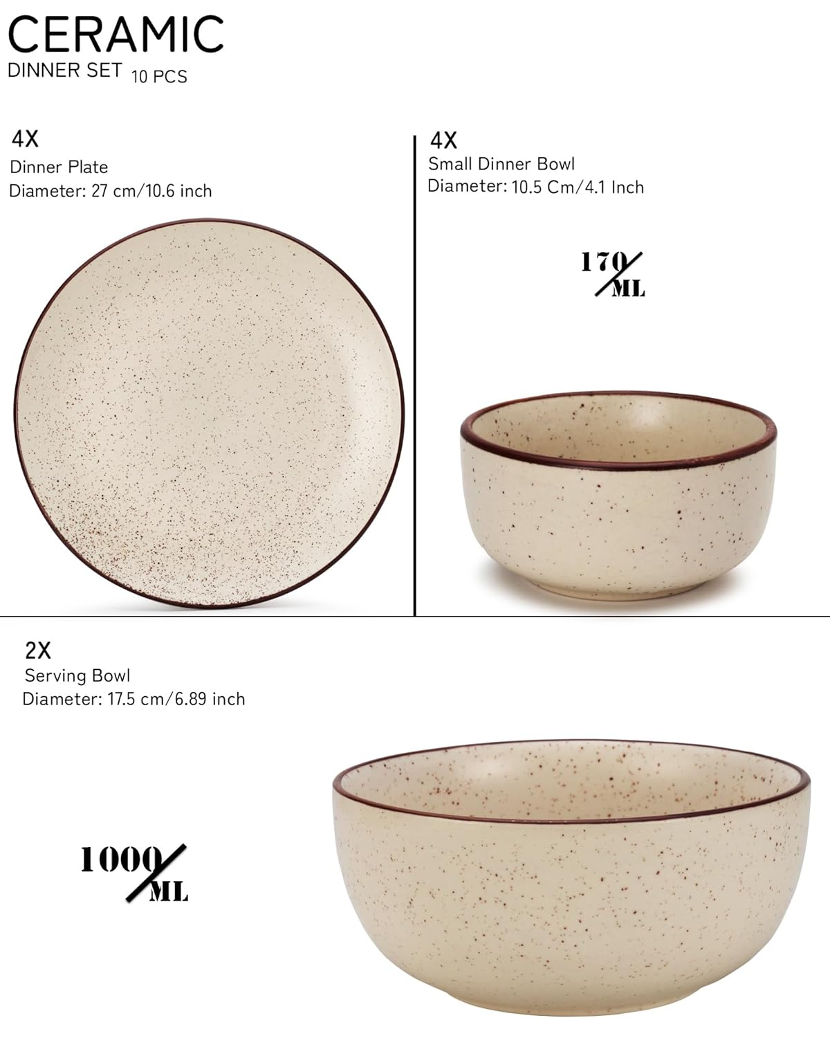 Handcrafted Ceramic Stoneware Dinner Set Of 10 Pcs With Serving Bowl Set - Beige Speckled | 4 Dinner Plates, 10.6 Inch Each + 4 Small Dinner Bowl, 170ml Each+ 2 Serving Bowl, 1000ml Each Handcrafted Ceramic Stoneware Dinner Set Of 10 Pcs With Serving Bowl Set - Beige Speckled | 4 Dinner Plates, 10.6 Inch Each + 4 Small Dinner Bowl, 170ml Each+ 2 Serving Bowl, 1000ml Each