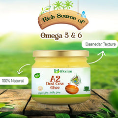 Pure Organic A2 Desi Cow Ghee By Hitkram | Homemade Healthy Fresh Desi Ghee Hand-Churned Using Traditional Bilona Method Good For Cooking & Frying | (200ml) 6.7 | Jar Pack