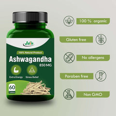 Jain Ashwagandha 850mg Tablets - Extra Energy, Stress Relief, 100% Natural, Improves Sleep, Reduces Sugar Restorative Benefits | 60 Tablets 100gm 0.2lbs