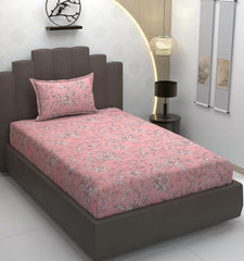 Cotton Elastic Fitted Bedsheets Single Bed With 1 Pillow Covers - 36x78x8 Inches, Pink | Coordinated Print Design Bedsheet | 210 Thread Count