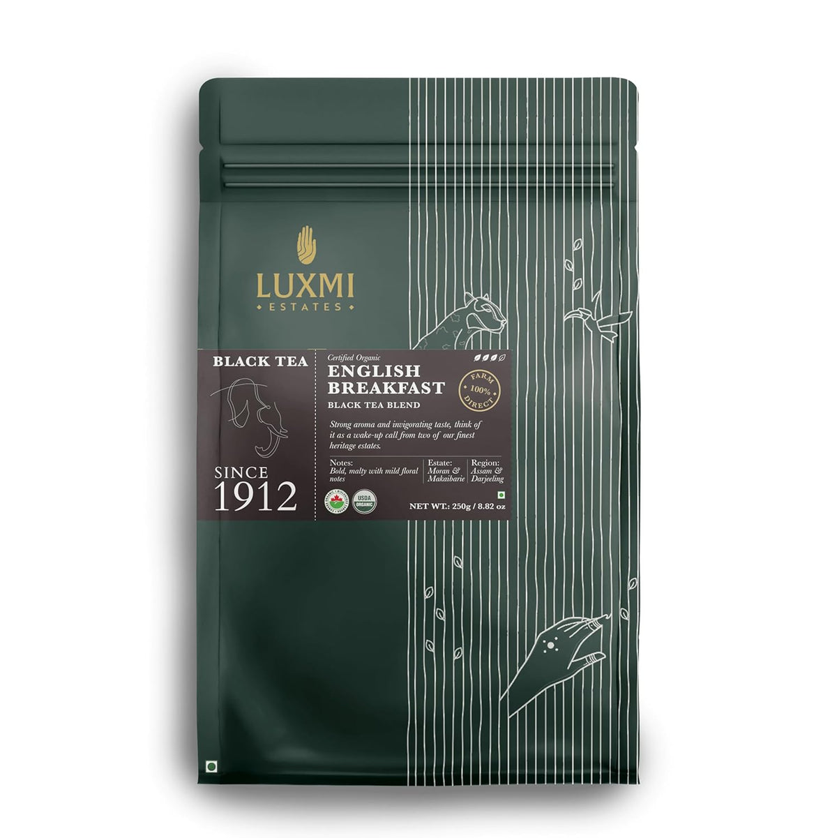 Luxmi Estates English Breakfast Black Tea Blend - 250gm Tin, 8.8 Ounce | USDA Organic Certified Tea - Darjeeling & Assam Tea | Smooth, Flavorful, Robust, Caffeinated Black Tea