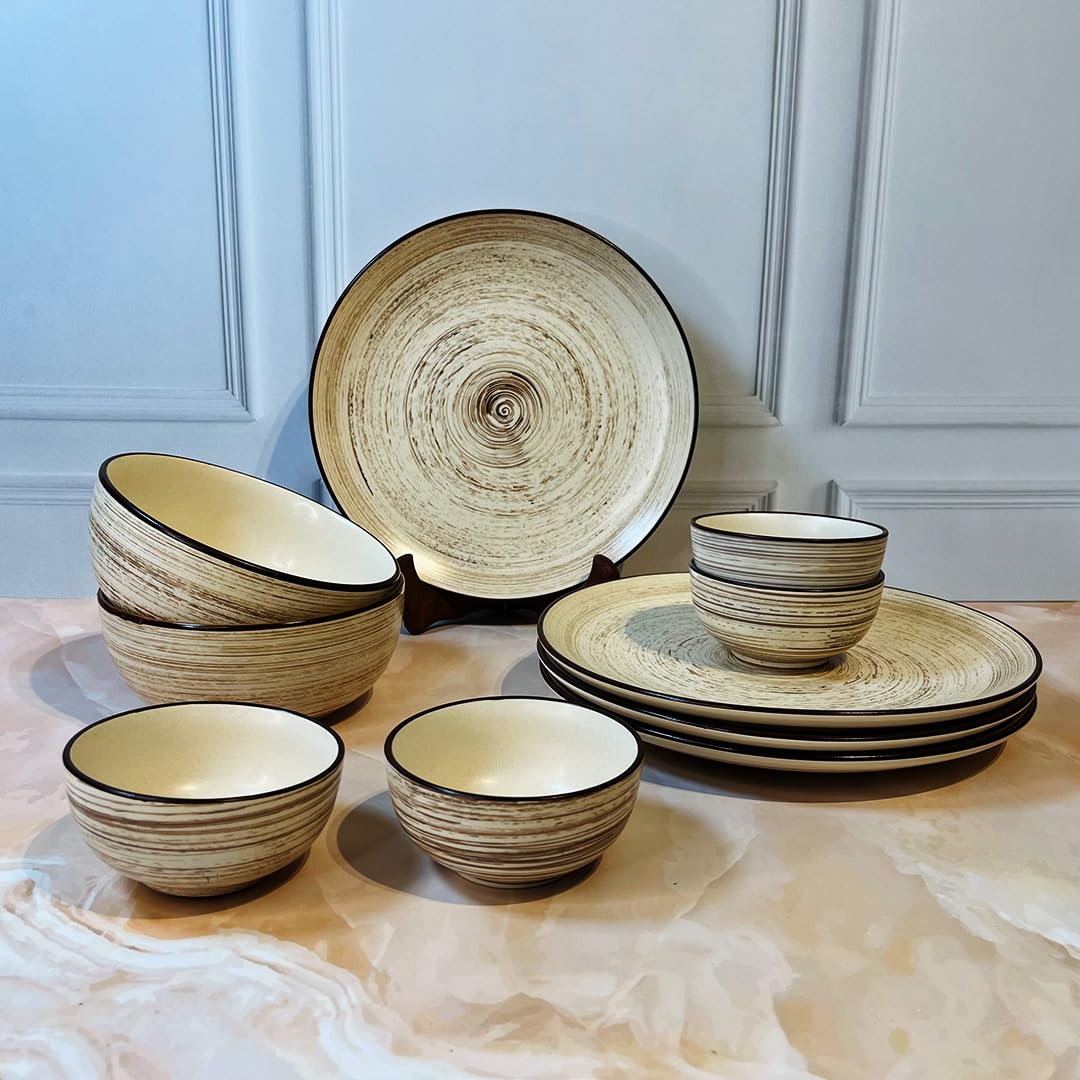 Iris Beige Handcrafted Ceramic Dinner Set - 10 Pieces | 4 Dinner Plates + 4 Katori Bowls, 180ml Each+ 2 Serving Bowls, 800ml Each Dinnerware Set | Serving For 4, Microwave Safe & Dishwasher Safe