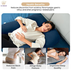 Full Body J Shape Pregnancy Pillow For Women, Maternity Pillow, Grey & Navy Blue | Pillow Gift For Pregnancy Sleeping, Premium Velvet Cover With Zip | Adjustable, Multipurpose Pillow