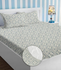 Elastic Fitted Bedsheets With 2 Pillow Covers - Size-72x78+8 Inches, White & Grey | King Size Bed With All Around Elastic 220 TC Super Soft