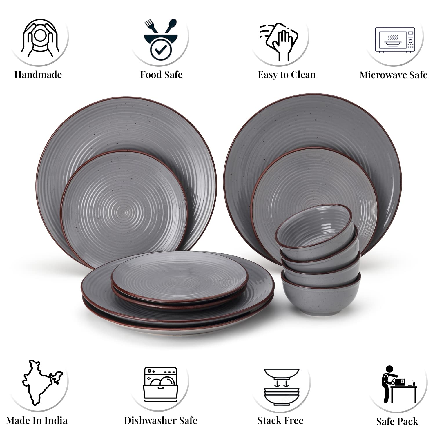 Handcrafted Ceramic Stoneware Dinner Set - Pack Of 12, Grey | 4 Dinner Plates, 10 Inch Each + 4 Small Plates, 7 Inch Each+ 4 Small Dinner Bowl, 180ml Each - Microwave & Dishwasher Safe Handcrafted Ceramic Stoneware Dinner Set - Pack Of 12, Grey | 4 Dinner Plates, 10 Inch Each + 4 Small Plates, 7 Inch Each+ 4 Small Dinner Bowl, 180ml Each - Microwave & Dishwasher Safe