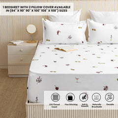 Printed Flat Double Bedsheet With 2 Pillow Covers - 84 X 90 Inches, White | Soft Breathable & Wrinkle Free | 210 Thread Count