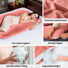 Full Body U Shape Pregnancy Pillow For Women, Maternity Pillow, Peach Color | Abdomen, Hip, Spine, Neck & Head Support Cushion For Pregnant Women | Premium Velvet Outer Cover With Zip