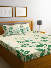 Microfiber Double Bedsheet With 2 Pillow Covers - 85 X 86 Inches, Cream & Green | Normal Hand Wash Or Machine Wash | 144 Thread Count