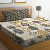 Elastic Fitted Printed King Size Double Bed Bedsheet With 2 Pillow Covers | 72 X 78 X 10 Inches, Beige & Black | Super Soft Premium Brushed Glace Cotton Material