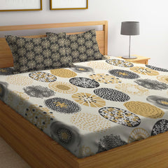 Elastic Fitted Printed King Size Double Bed Bedsheet With 2 Pillow Covers | 72 X 78 X 10 Inches, Beige & Black | Super Soft Premium Brushed Glace Cotton Material