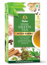 Dabur Vedic Detox Kahwa Green Tea - 25 Tea Bags | Blend Of 8 Real Ayurvedic Herbs & Rock Salt - Helps In Detoxification, Improves Digestion | Caffeine Free