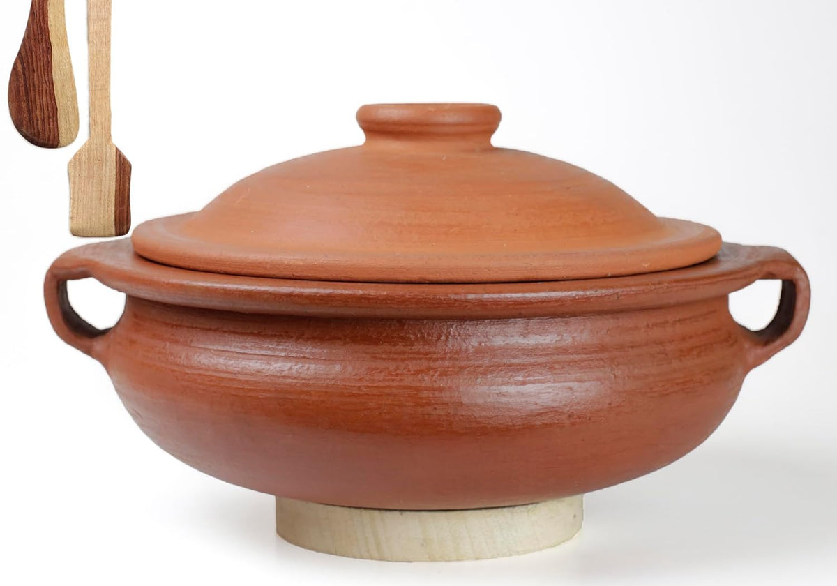 Deep Burned Uncoated Clay Pot With Lid & Handle Or Mitti Handi With 2 Spatulas Complimentary For Cooking & Serving - Red, 2 Liters | Pre-Seasoned Mud Pot - Unglazed, Double Fired, Hand Crafted