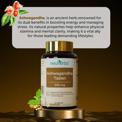 Neuherbs Ashwagandha Tablets 500mg For Men & Women Rich In Antioxidant, Boost Energy, Reduce Stress, Better Absorption & Support Sleep Cycle, Promote Overall Health | 60 Tablets 100gm 0.2lbs