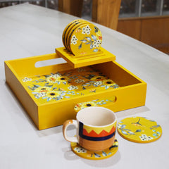 Sunflower Yellow Wooden Tray With Coaster Set For Kitchen, Dining Table | 1 Square Serving Tray, 10 X 10 Inches + 6 Round Coasters, 3.5 Inches