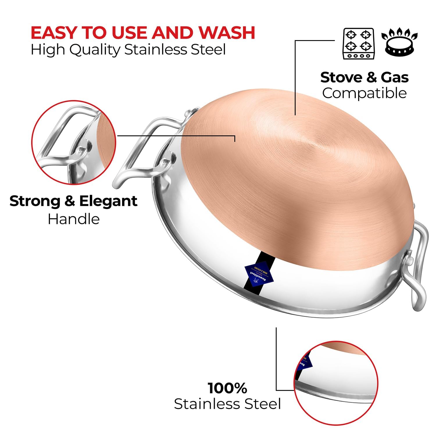 Silver Stainless Steel Kadhai With Copper Bottom - Pot Pans For Frying | Cookware Premium Heavy Gauge Steel Kadhai 2000ml Silver Stainless Steel Kadhai With Copper Bottom - Pot Pans For Frying | Cookware Premium Heavy Gauge Steel Kadhai 2000ml