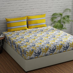 Cotton Bedsheet With 2 Pillow Covers - 88 X 96 Inches, Yellow & Grey | Ideal For Villas, Guest Houses, & Daily Home Use Double Bedsheet