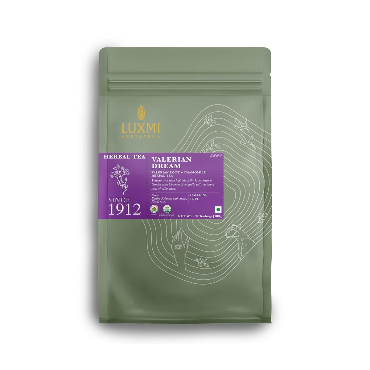 Luxmi Estates Valerian Dream Herbal Tea - 100gm, 3.5 Ounce, 50 Tea Bags | USDA Certified Organic Valerian Root + Chamomile Herbal Tea - Gluten Free, Caffeine Free Tea Bags