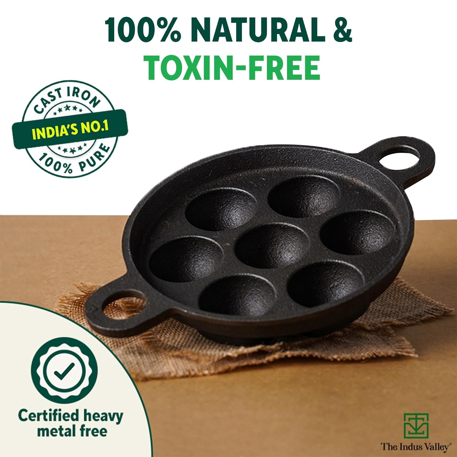 Super Smooth Black Cast Iron Paniyaram Pan With Free Wooden Picker - 7pit, 19 Cm, 7.4 Inch, 2.2 Kg | Induction Friendly, Pre-Seasoned Paddu Pan, 100% Pure & Toxin-Free, No Chemical Coating Super Smooth Black Cast Iron Paniyaram Pan With Free Wooden Picker - 7pit, 19 Cm, 7.4 Inch, 2.2 Kg | Induction Friendly, Pre-Seasoned Paddu Pan, 100% Pure & Toxin-Free, No Chemical Coating