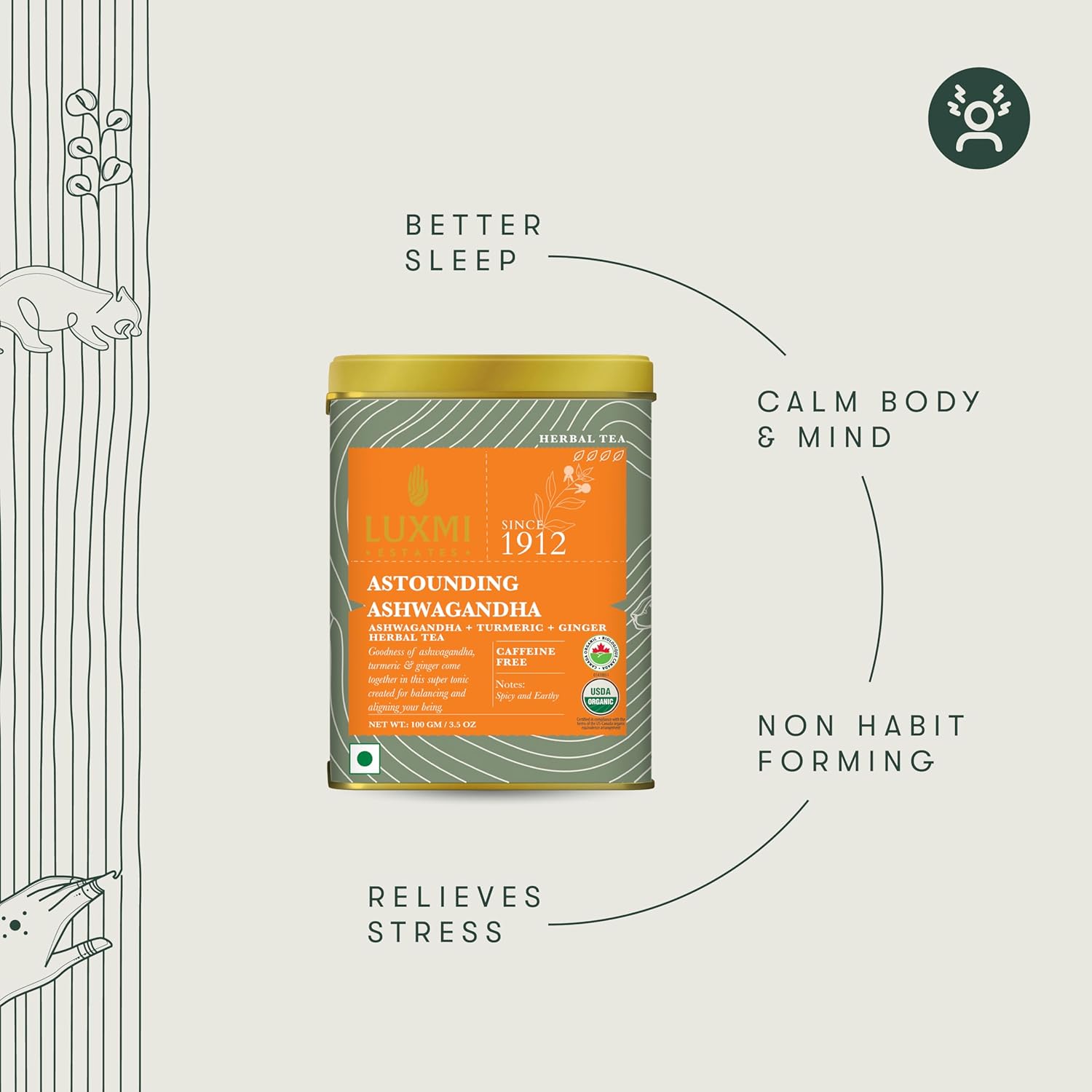 Luxmi Estates Astounding Ashwagandha Turmeric Ginger Herbal Tea Bags 100gm, 3.5 Ounce - 50 Cups | Certified USDA Organic Herbal Tea Bags For Stress Support Luxmi Estates Astounding Ashwagandha Turmeric Ginger Herbal Tea Bags 100gm, 3.5 Ounce - 50 Cups | Certified USDA Organic Herbal Tea Bags For Stress Support