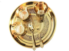 Golden Pure Brass Engraved Thali Set Of 6 Pieces - 1 Plate+ 1 Glass+ 2 Bowl+ 1 Spoon+ 1 Fork | Flowers Design Dinner Set