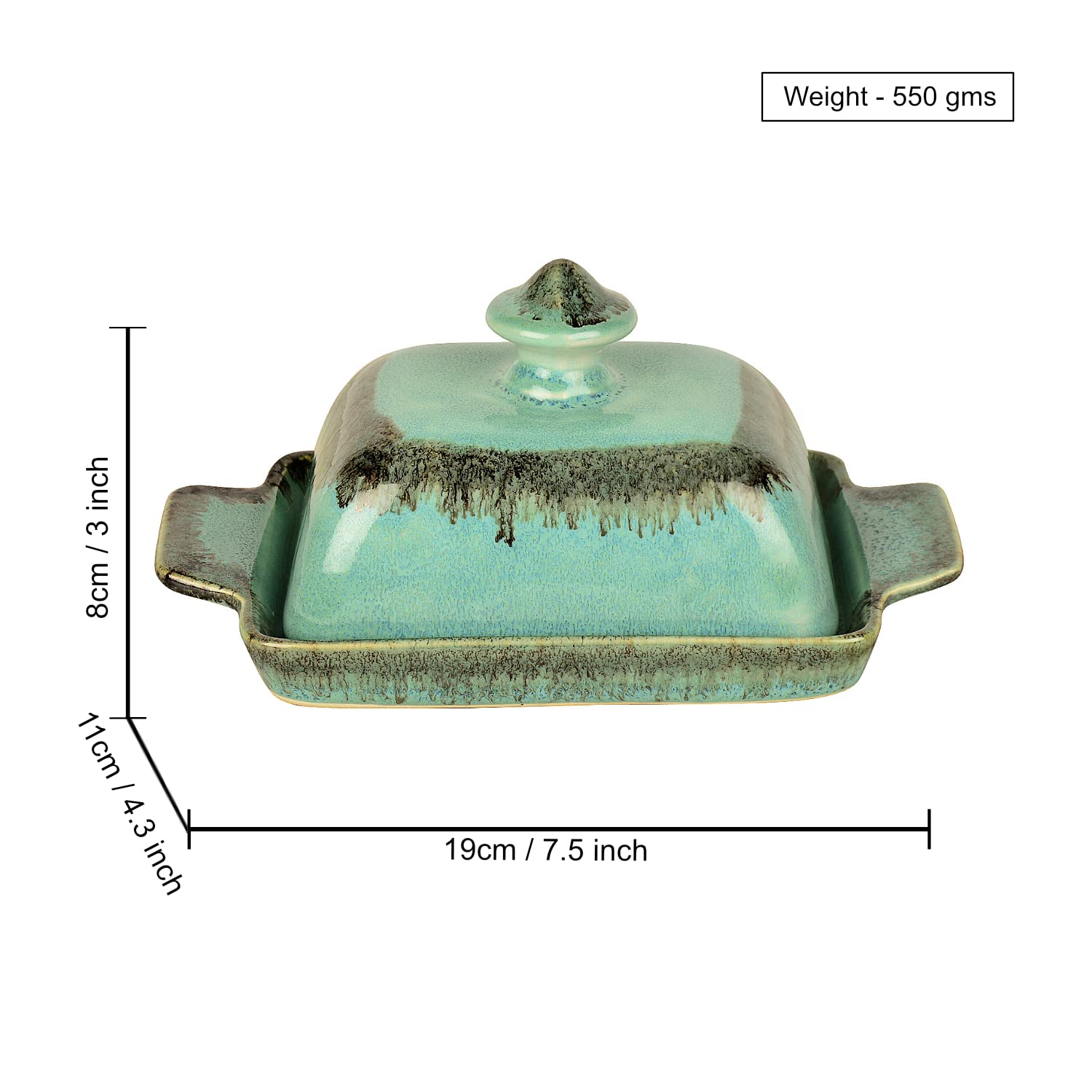 Studio Pottery Ceramic Butter Dish With Lid - Sea Green, Height: 8 Cm | Butter Pot - Butter Container For 500 Gm Studio Pottery Ceramic Butter Dish With Lid - Sea Green, Height: 8 Cm | Butter Pot - Butter Container For 500 Gm