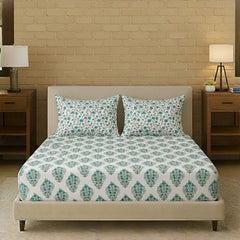Twin Bed Size Elastic Fitted Bedsheet With 2 Pillow Covers - 42 X 78 Inches, White & Green | Best For Gifting, Housewarming, Anniversary, Friends Family