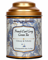 San-Cha French Earl Grey Green Tea - 25 Biodegradable Silky Tea Bags | Citrusy & Velvety Detox Tea - Environment Friendly & Made In Corn Fiber | Low Caffeine, Low Bitterness