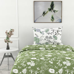 1 Single Bedsheet & 1 Pillow Cover - 54 X 84 Inches, Olive Green & White | Coordinated Look For Your Bedding | Durable & Easy To Maintain