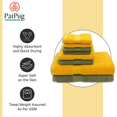 Patpug 100% Indian Cotton Plush Towel Set 2000 Gsm | Highly Absorbent, Fade Resistant, Quick Drying 2 Bath, 2 Hand & 4 Face Towel (Sunrise Yellow & Olive Green) - 8 Piece