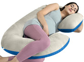 C Shaped Pregnancy Pillow For Maternity & Baby Nursing, Beige & Sky Blue | Full Body Support, Abdomen, Hip, Spine, Neck & Head Support Cushion | Premium Velvet Outer Cover With Zip, Comfy